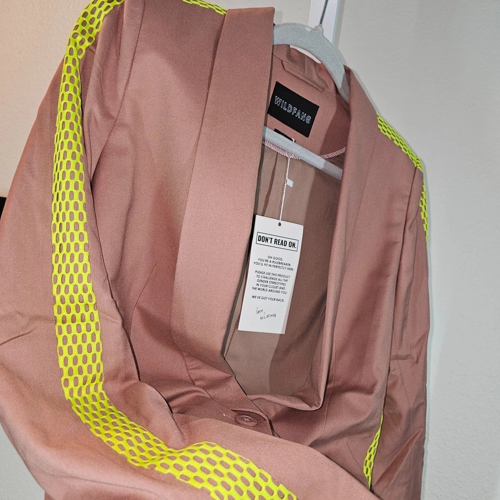 Wildfang Womens Mauve Pink Blazer Neon Yellow Mesh Stripe Shawl Collar Medium - Picture 4 of 11